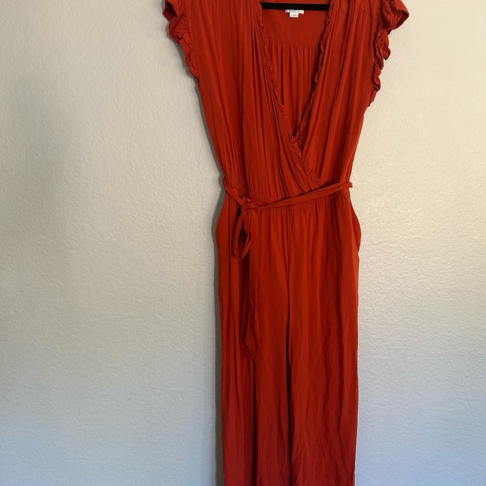 LOFT Ruffle Wrap Jumpsuit 14 – Burnt Orange Flutter Sleeve Wide Leg